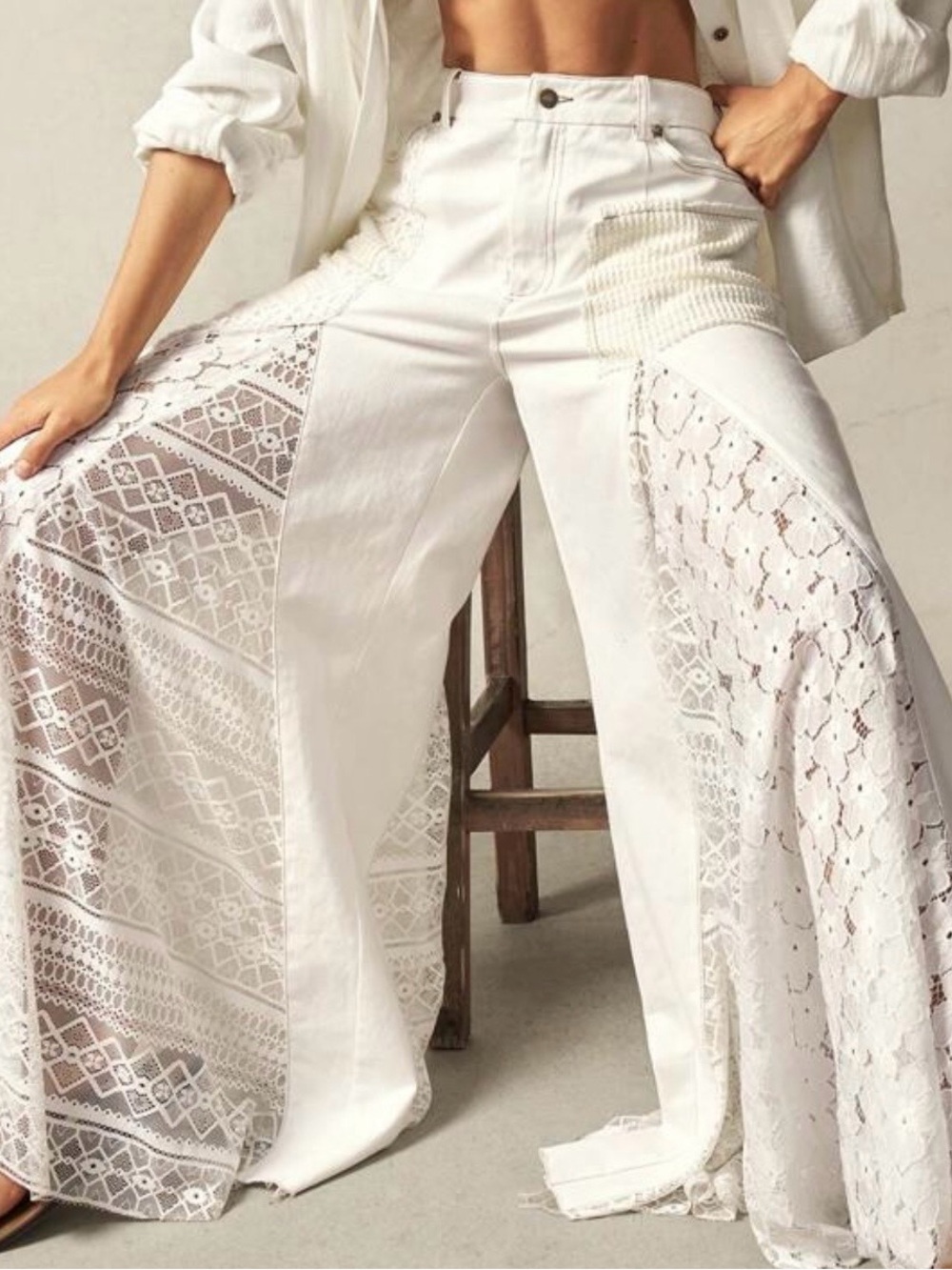 AMAZING White Denim & Lace Wide Leg  FLARE PANTS - sz M - Shein BOHO STYLE / 29”